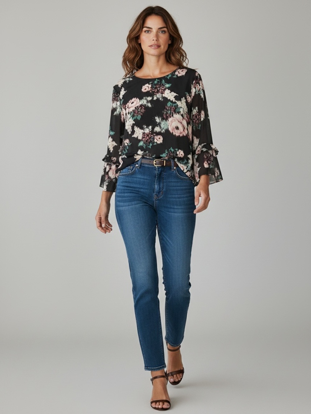 DR2 Blue Sheer Ruffle Sleeve Blouse Bohemian Dark Floral Flowy Size Small